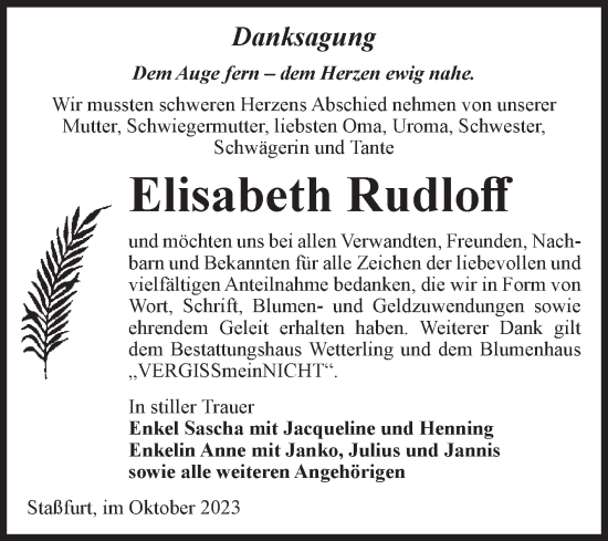 Traueranzeige von Elisabeth Rudloff von Volksstimme Staßfurt