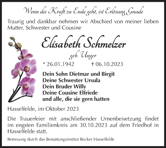 Traueranzeige von Elisabeth Schmelzer von Volksstimme Wernigerode