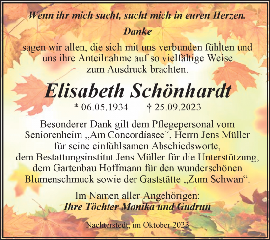 Traueranzeige von Elisabeth Schönhardt von Trauerkombi Aschersleben