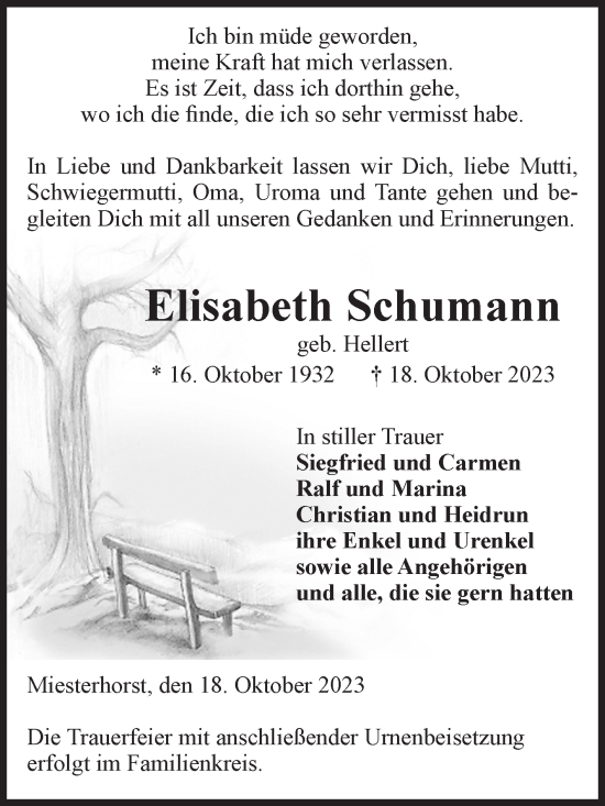 Traueranzeige von Elisabeth Schumann von Volksstimme Altmark West
