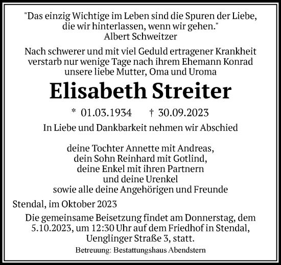 Traueranzeige von Elisabeth Streiter von Volksstimme Altmark Ost