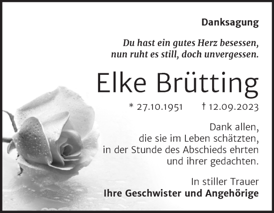 Traueranzeige von Elke Brütting von Trauerkombi Bernburg