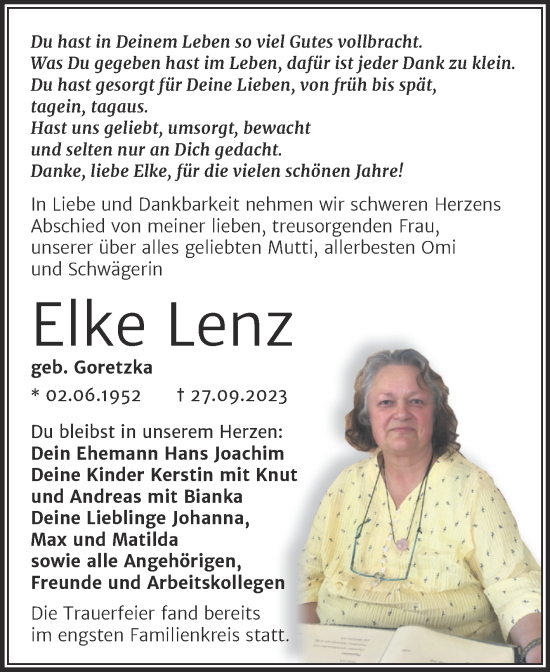 Traueranzeige von Elke Lenz von Trauerkombi Wittenberg