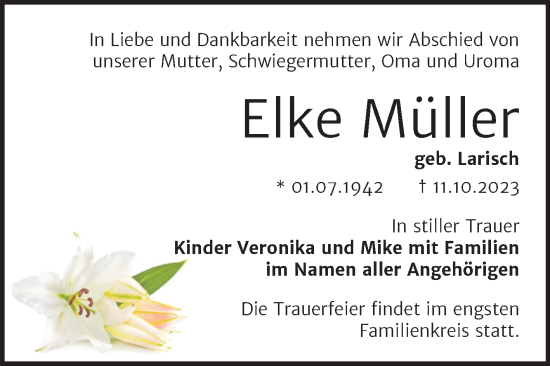 Traueranzeige von Elke Müller von Trauerkombi Bernburg