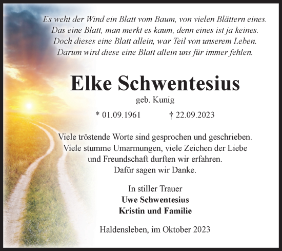 Traueranzeige von Elke Schwentesius von Volksstimme Haldensleben/Wolmirstedt