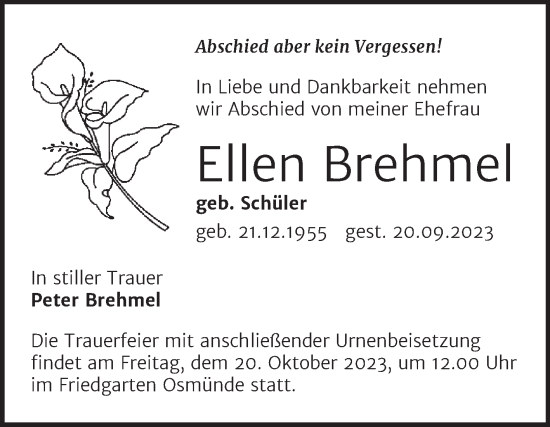 Traueranzeige von Ellen Brehmel von Trauerkombi Merseburg