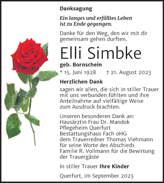 Traueranzeige von Elli Simbke von Trauerkombi Merseburg