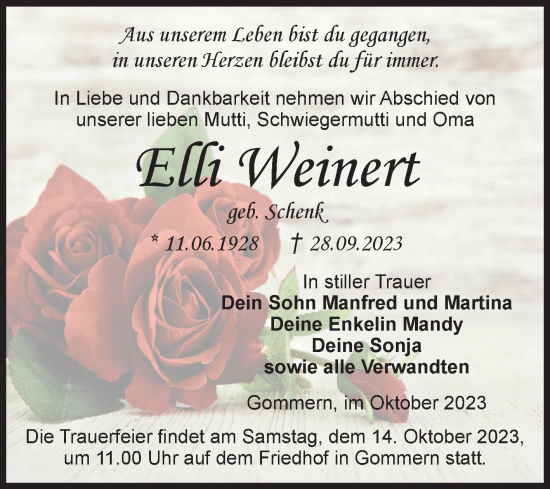 Traueranzeige von Elli Weinert von Volksstimme Burg/Genthin