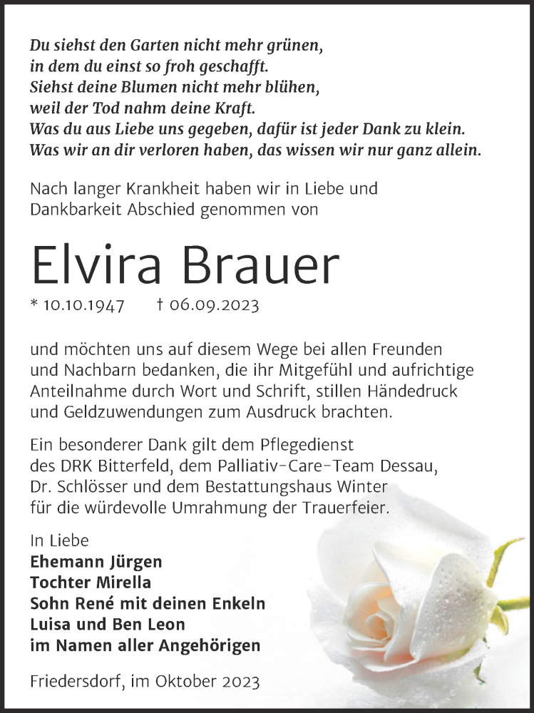  Traueranzeige für Elvira Brauer vom 28.10.2023 aus Trauerkombi Bitterfeld