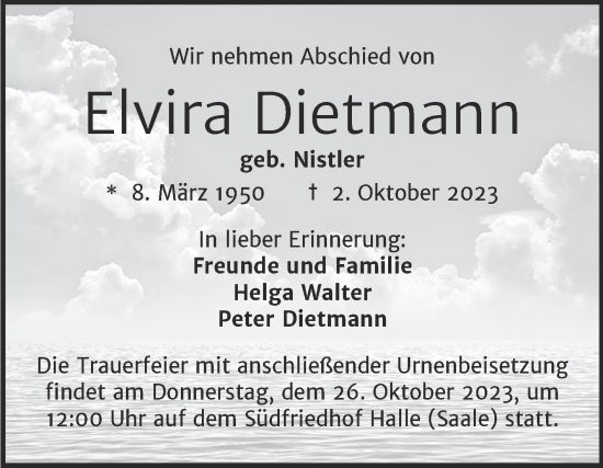 Traueranzeige von Elvira Dietmann von Mitteldeutsche Zeitung Halle/Saalkreis