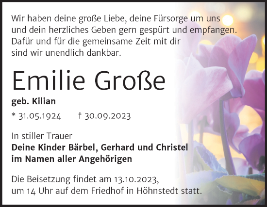 Traueranzeige von Emilie Große von Mitteldeutsche Zeitung Halle/Saalkreis
