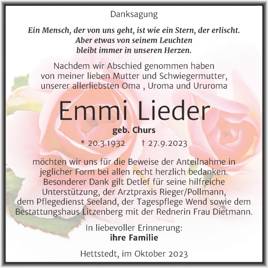 Traueranzeige von Emmi Lieder von Trauerkombi Mansfelder Land