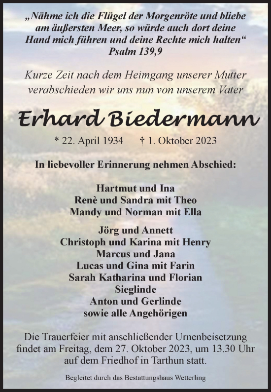 Traueranzeige von Erhard Biedermann von Volksstimme Staßfurt
