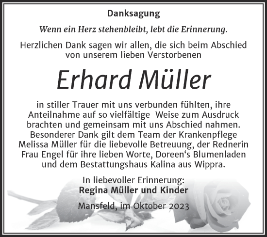 Traueranzeige von Erhard Müller von Trauerkombi Mansfelder Land