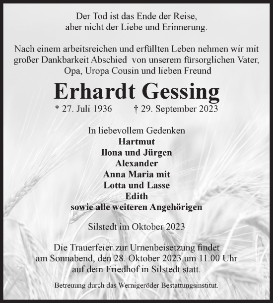 Traueranzeige von Erhardt Gessing von Volksstimme Wernigerode