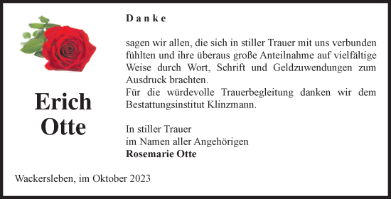 Traueranzeige von Erich Otte von Volksstimme Oschersleben/Wanzleben