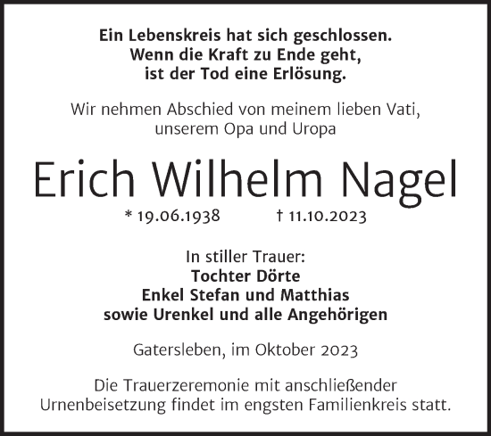 Traueranzeige von Erich Wilhelm Nagel von Trauerkombi Aschersleben