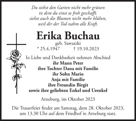 Traueranzeige von Erika Buchau von Volksstimme Altmark Ost