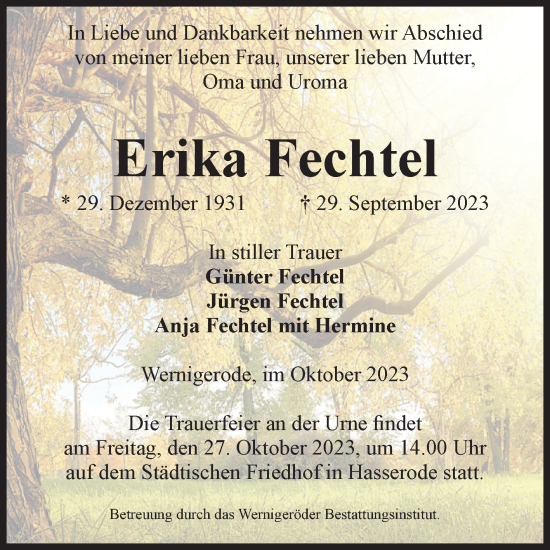 Traueranzeige von Erika Fechtel von Volksstimme Wernigerode