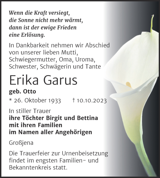 Traueranzeige von Erika Garus von Wochenspiegel Naumburg/Nebra