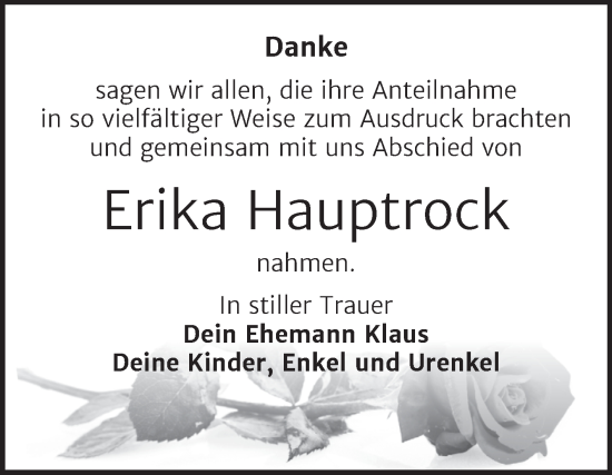Traueranzeige von Erika Hauptrock von Trauerkombi Merseburg