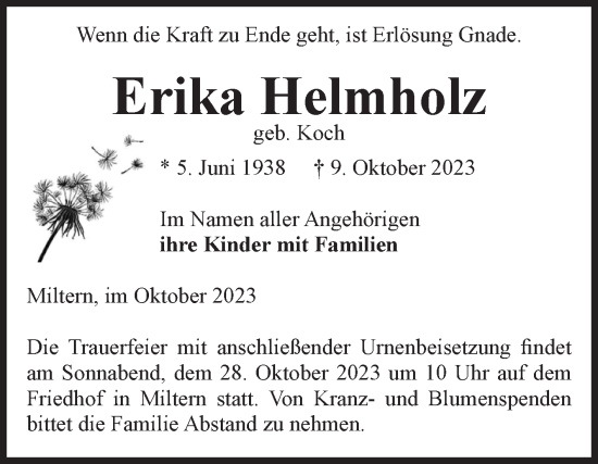 Traueranzeige von Erika Helmholz von Volksstimme Altmark Ost