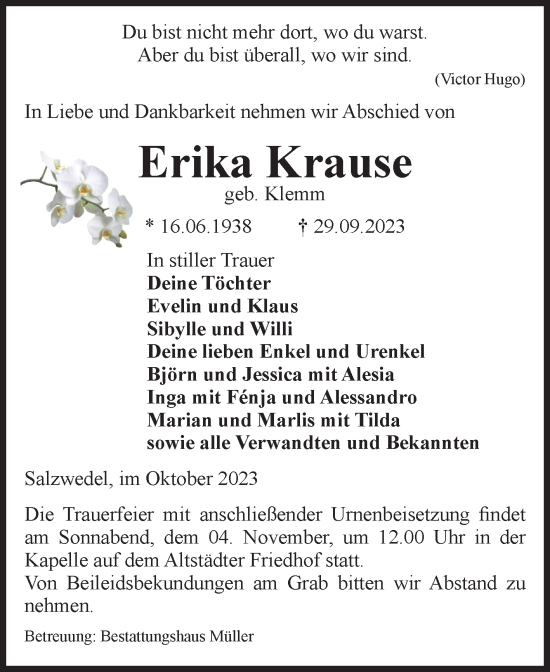 Traueranzeige von Erika Krause von Volksstimme Altmark West