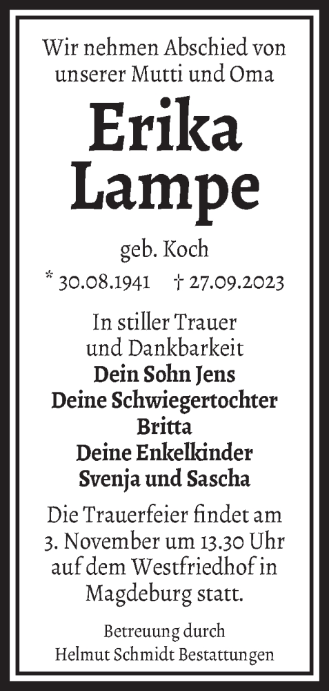Traueranzeige von Erika Lampe von Volksstimme Staßfurt