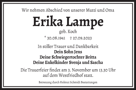 Traueranzeige von Erika Lampe von Volksstimme Magdeburg