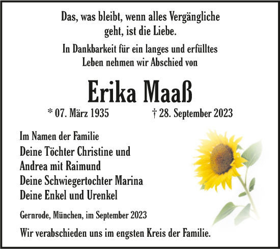 Traueranzeige von Erika Maaß von Trauerkombi Quedlinburg