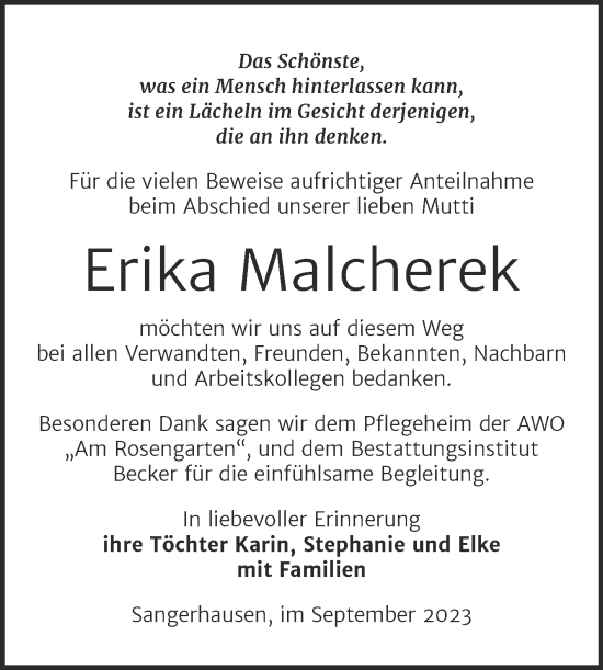 Traueranzeige von Erika Malcherek von Trauerkombi Sangerhausen