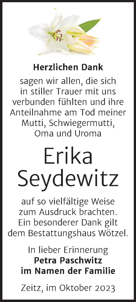 Traueranzeige von Erika Seydewitz von Trauerkombi Zeitz
