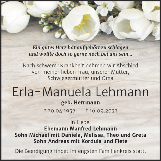 Traueranzeige von Erla-Manuela Lehmann von Trauerkombi Quedlinburg