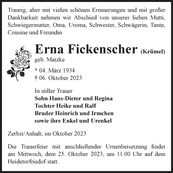 Traueranzeige von Erna Fickenscher von Volksstimme Zerbst