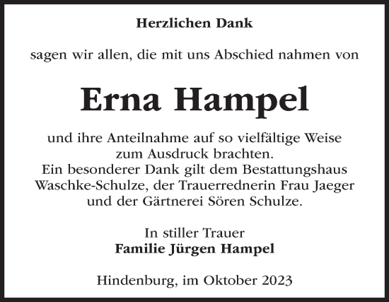 Traueranzeige von Erna Hampel von Volksstimme Altmark Ost