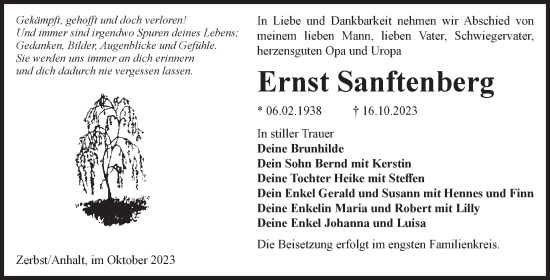 Traueranzeige von Ernst Sanftenberg von Volksstimme Zerbst