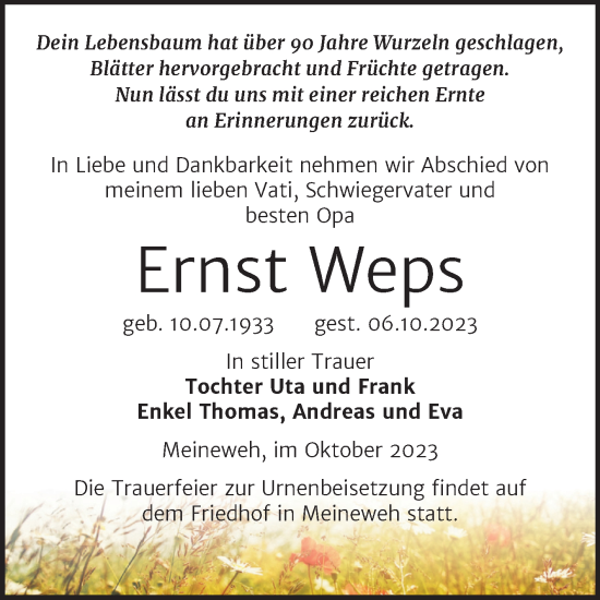 Traueranzeige von Ernst Weps von Trauerkombi Zeitz