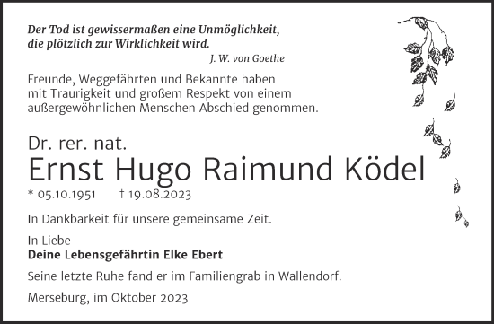 Traueranzeige von Ernst Hugo Raimund Ködel von Mitteldeutsche Zeitung Halle/Saalkreis