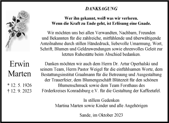 Traueranzeige von Erwin Marten von Super Sonntag Quedlingburg