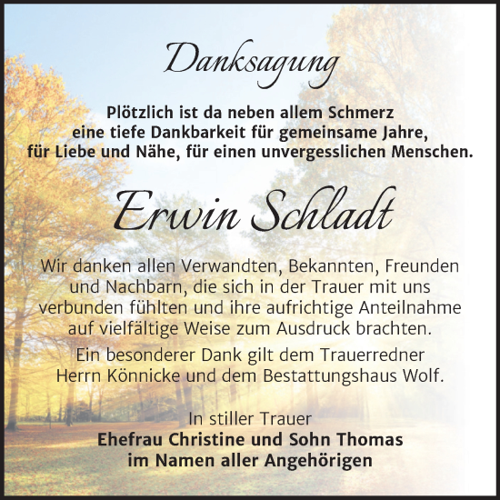 Traueranzeige von Erwin Schladt von Trauerkombi Weißenfels