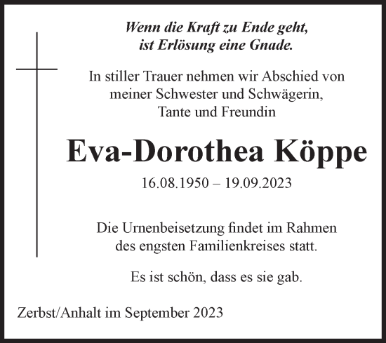 Traueranzeige von Eva-Dorothea Köppe von Volksstimme Zerbst