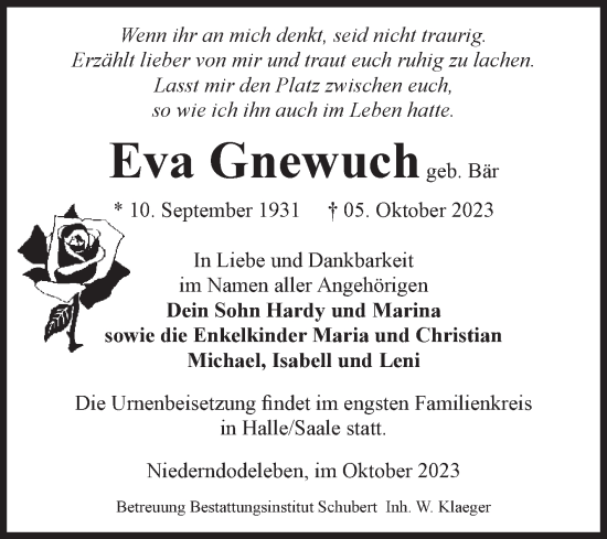 Traueranzeige von Eva Gnewuch von Volksstimme Haldensleben/Wolmirstedt