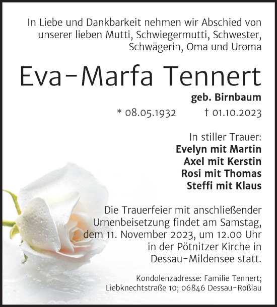 Traueranzeige von Eva-Marfa Tennert von Trauerkombi Dessau