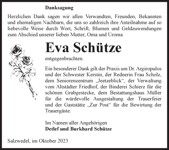 Traueranzeige von Eva Schütze von Volksstimme Altmark West