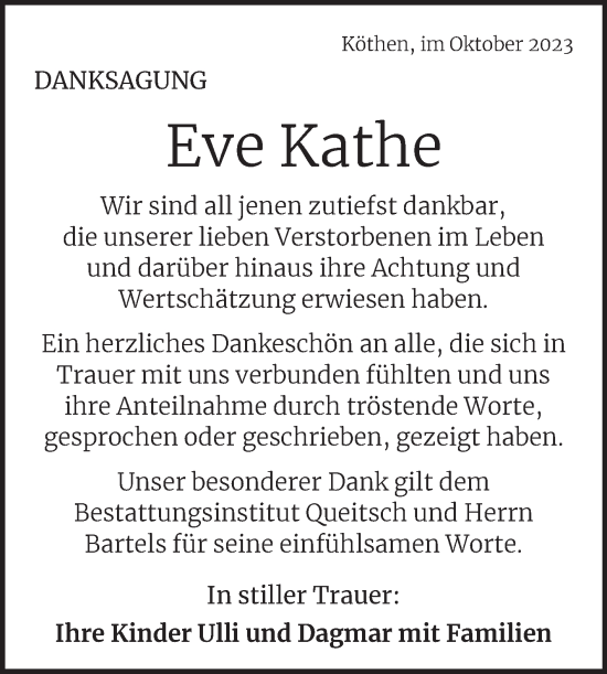 Traueranzeige von Eve Kathe von Trauerkombi Köthen