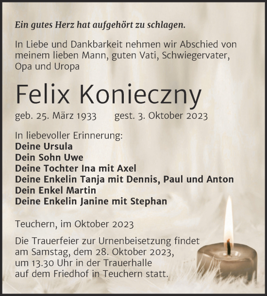 Traueranzeige von Felix Konieczny von Trauerkombi Weißenfels