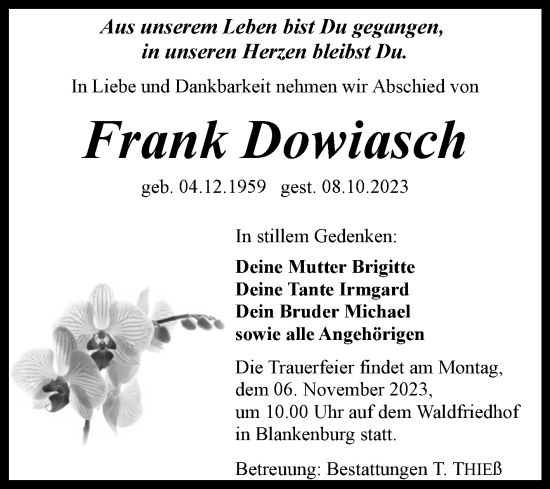Traueranzeige von Frank Dowiasch von Volksstimme Wernigerode