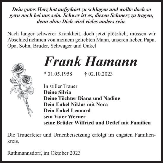 Traueranzeige von Frank Hamann von Volksstimme Staßfurt