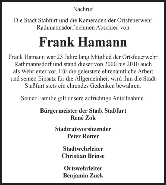 Traueranzeige von Frank Hamann von Volksstimme Staßfurt
