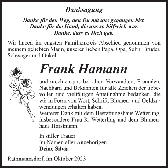 Traueranzeige von Frank Hamann von Volksstimme Staßfurt